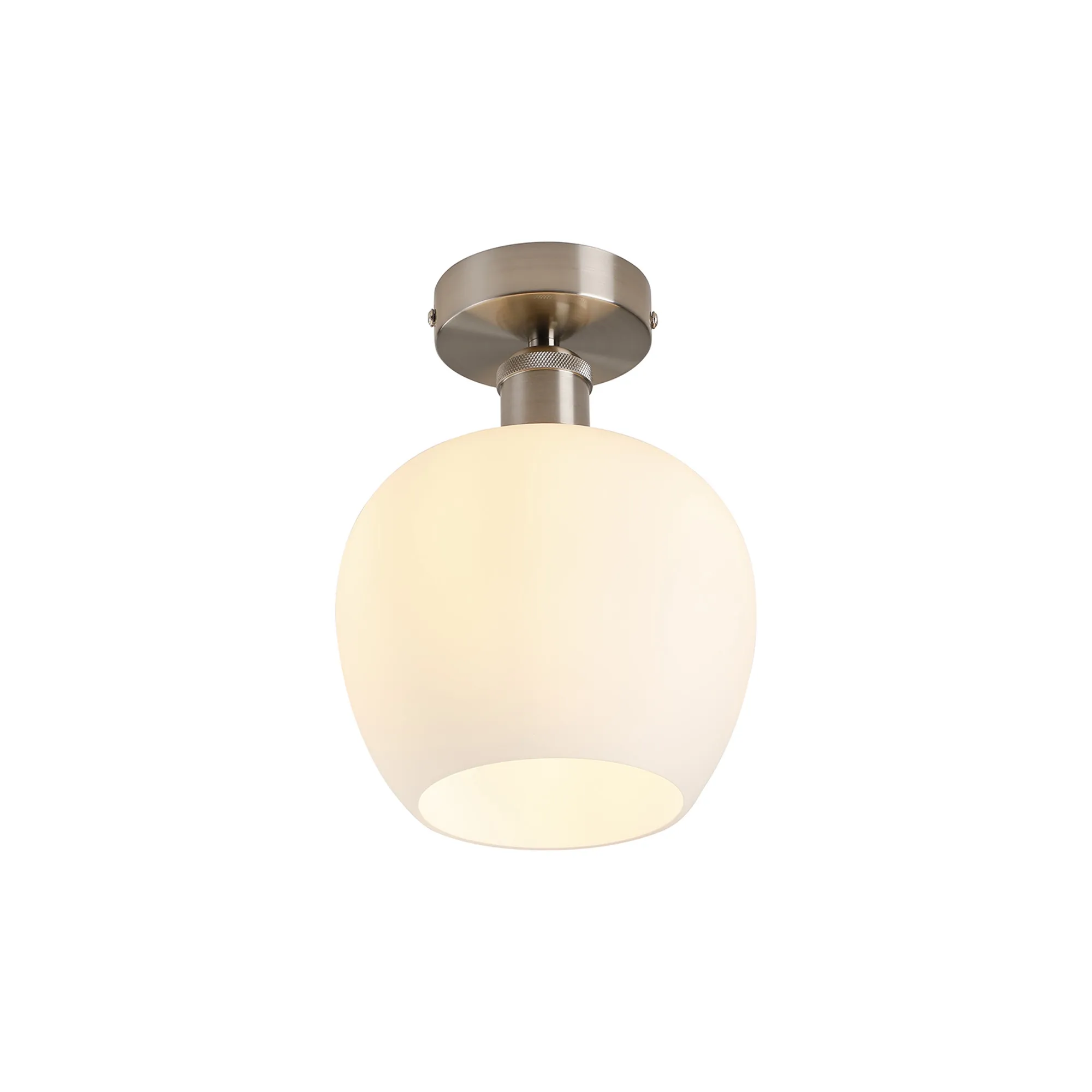 Cawdor Flush Fitting; 1 Light E27; Satin Nickel/Opal Wine Glass